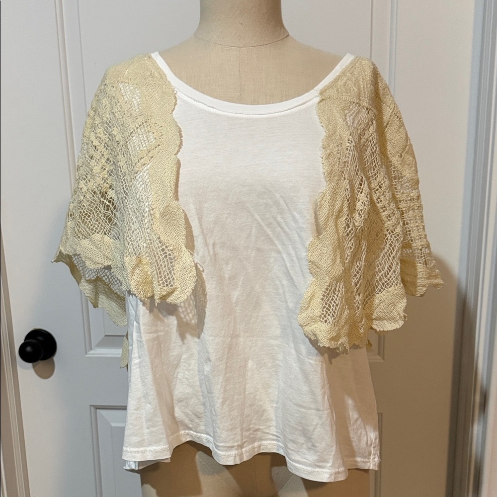 Free People Evangeline Tee White and Cream Lace Overlay Top Sold Out Large NWT - Picture 5 of 7
